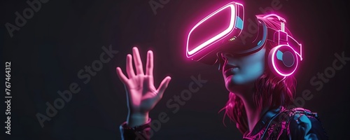 VR headset, exploring the metaverse. 3d render of the woman, wearing pink glowing virtual reality glasses on black background. Woman exploring things in cyberspace, buying items.