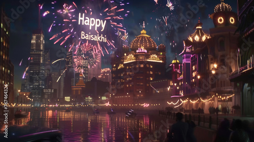 A modern Baisakhi celebration in a cityscape, with illuminated buildings, fireworks, and the words "Happy Baisakhi" projected onto the skyline.