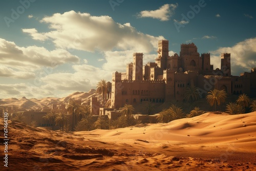 Ancient Arab empire buildings with palm and dates trees in desert. Desert landscape. panoramic view.