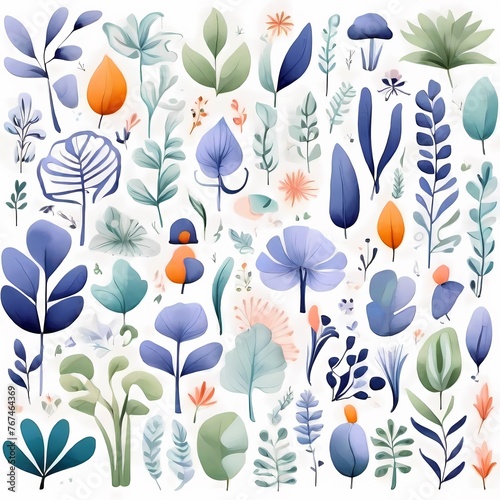 A collection of seamless pattern, colorful abstract plants and flowers. Hand drawn Collection of leaves and flowers. A close up of a pattern of flowers and leaves.
