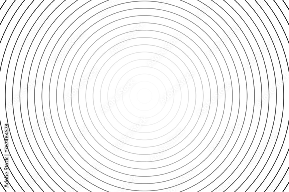 Concentric circles background. Thin round lines. Ripples, epicenter, sun burst, radiating, radio signal, target, sonar wave wallpaper. Simple black and white vector illustration with hypnotic effect.