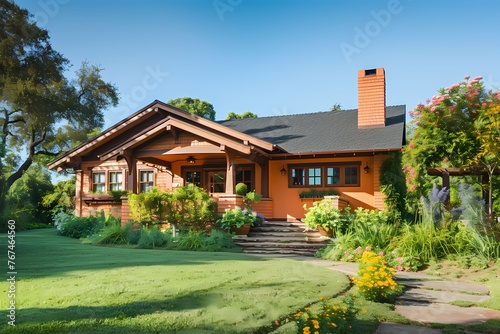 A cozy craftsman bungalow facade adorned with warm peach tones, nestled in a peaceful countryside setting.