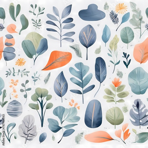 A collection of seamless pattern, colorful abstract plants and flowers. Hand drawn Collection of leaves and flowers. A close up of a pattern of flowers and leaves.

