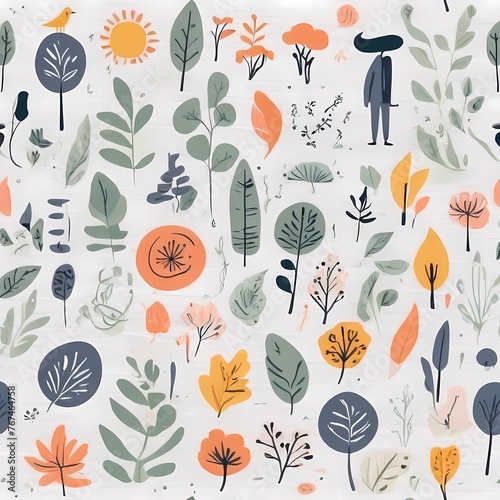A collection of seamless pattern, colorful abstract plants and flowers. Hand drawn Collection of leaves and flowers. A close up of a pattern of flowers and leaves.
