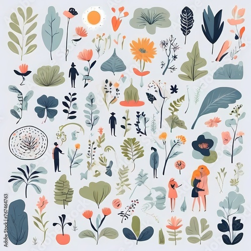 A collection of seamless pattern, colorful abstract plants and flowers. Hand drawn Collection of leaves and flowers. A close up of a pattern of flowers and leaves.
