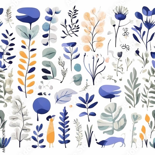 A collection of seamless pattern, colorful abstract plants and flowers. Hand drawn Collection of leaves and flowers. A close up of a pattern of flowers and leaves.
