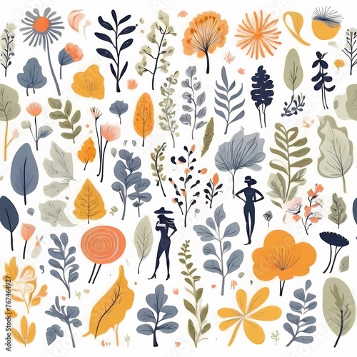 A collection of seamless pattern, colorful abstract plants and flowers. Hand drawn Collection of leaves and flowers. A close up of a pattern of flowers and leaves.
