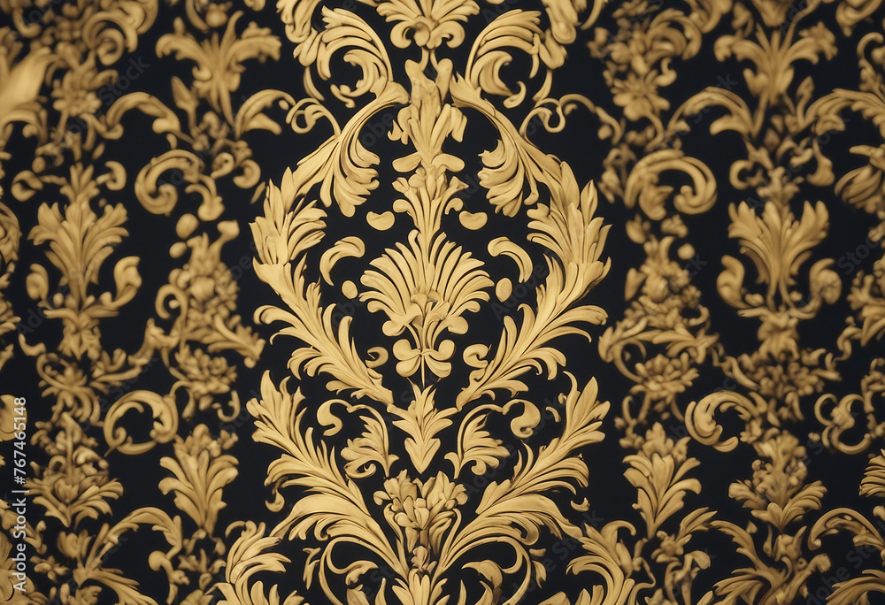 Gold damask pattern on black background background