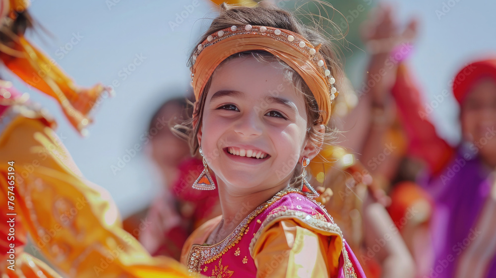 Adorable kids participating in a lively Baisakhi dance performance, their faces beaming with happiness as they showcase the colorful and energetic moves of this festive occasion.