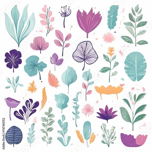 A collection of seamless pattern, colorful abstract plants and flowers. Hand drawn Collection of leaves and flowers. A close up of a pattern of flowers and leaves.
