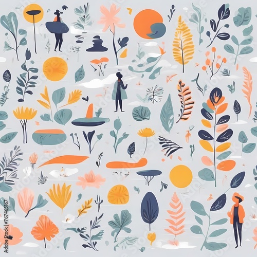 A collection of seamless pattern, colorful abstract plants and flowers. Hand drawn Collection of leaves and flowers. A close up of a pattern of flowers and leaves.
