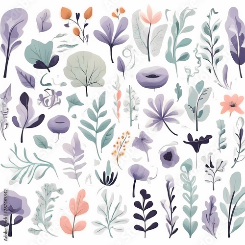 A collection of seamless pattern, colorful abstract plants and flowers. Hand drawn Collection of leaves and flowers. A close up of a pattern of flowers and leaves.
