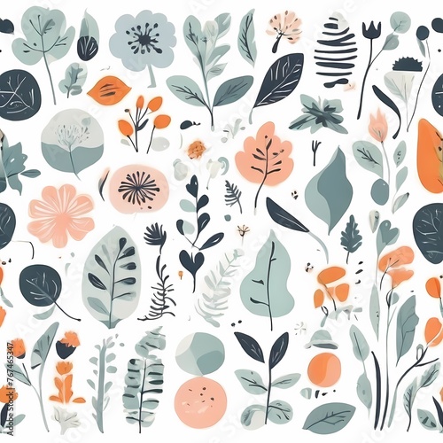 A collection of seamless pattern, colorful abstract plants and flowers. Hand drawn Collection of leaves and flowers. A close up of a pattern of flowers and leaves.

