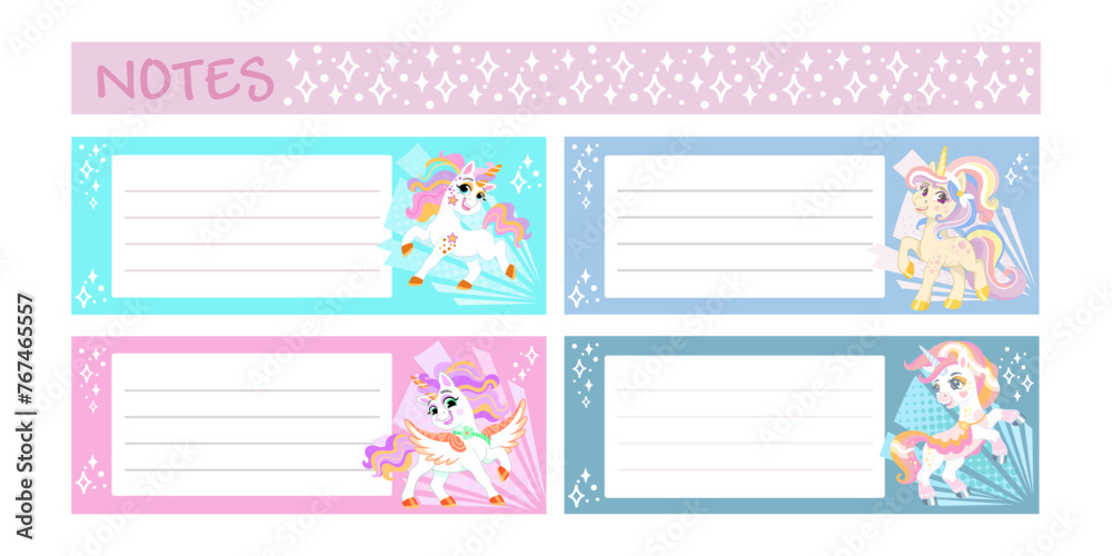 Kids stationery set with memo checklists with cute unicorns