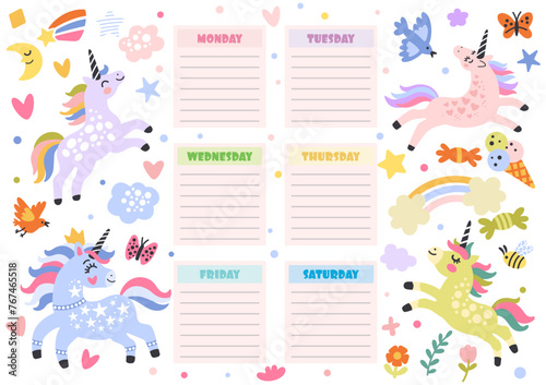 Cute four unicorns printable weekly planner vector