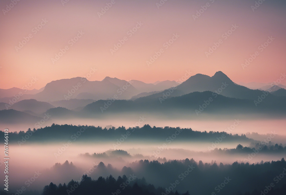 Misty sunrise silhouette over a mountain range pastel colours