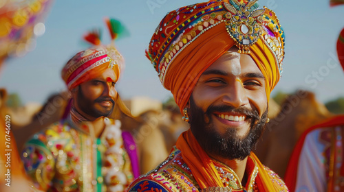 Portrait of young sikh male in traditional punjabi colorful dress and turban performing bhangra dance with smile in camel festival with focus photo