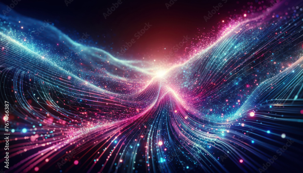 futuristic abstract concept of a digital data wave, composed of sparkling particles and dynamic light patterns, the digital wave flows in a vibrant