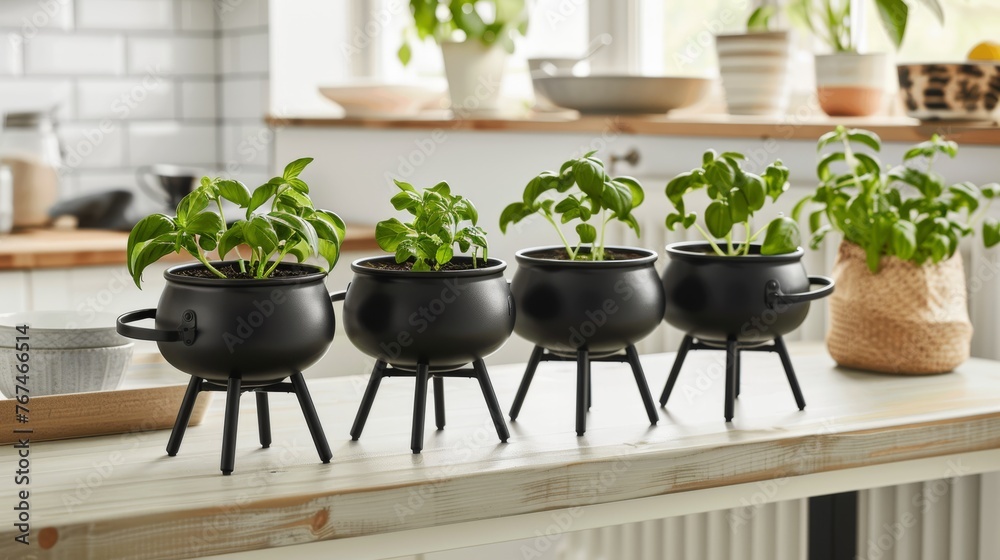a row of potted plants sitting on top of a wooden table next to a potted plant on a stand. a row of potted plants sitting on top of a wooden table next to a potted plant on a stand.
