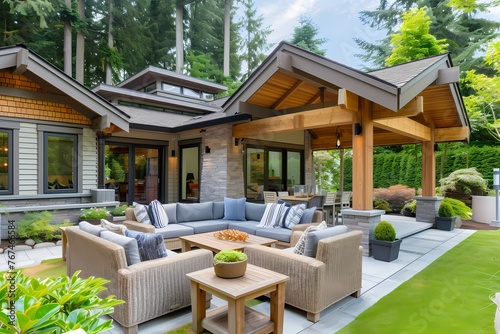 A craftsman house with a light-colored exterior, featuring a covered patio with comfortable outdoor furniture, perfect for relaxation.