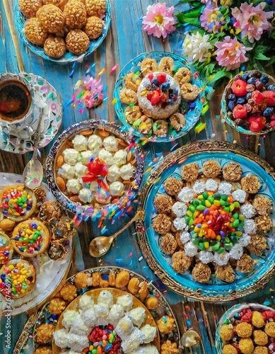 Feast for the Senses: Table Laden with a Variety of Food and Desserts