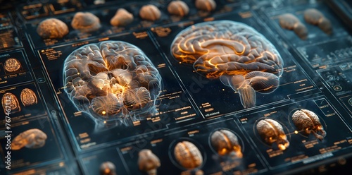 Gehirnscan von einem Radiologen, modernste Medizintechnik, Scan des Gehirns auf einem interaktiven Bildschirm, Konzept Arzt und Medizin