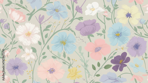  A charming and delicate pastel-colored flower design pattern features a variety of blossoms in soft hues of pink, blue, purple, and yellow. The flowers are intricately intertwined with a touch of gre © Hogr