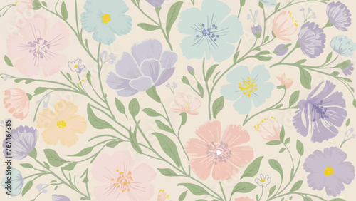  A charming and delicate pastel-colored flower design pattern features a variety of blossoms in soft hues of pink  blue  purple  and yellow. The flowers are intricately intertwined with a touch of gre