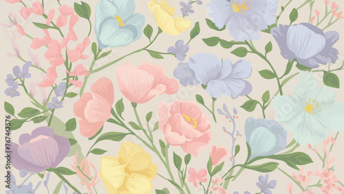  A charming and delicate pastel-colored flower design pattern features a variety of blossoms in soft hues of pink, blue, purple, and yellow. The flowers are intricately intertwined with a touch of gre © Hogr