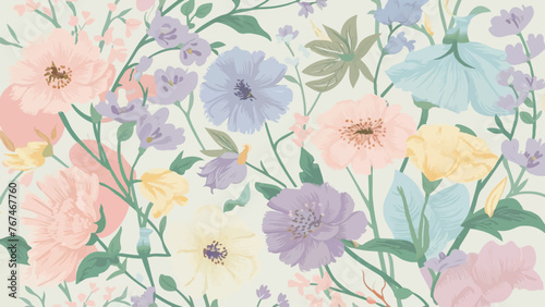 Fototapeta Naklejka Na Ścianę i Meble -  
A charming and delicate pastel-colored flower design pattern features a variety of blossoms in soft hues of pink, blue, purple, and yellow. The flowers are intricately intertwined with a touch of gre
