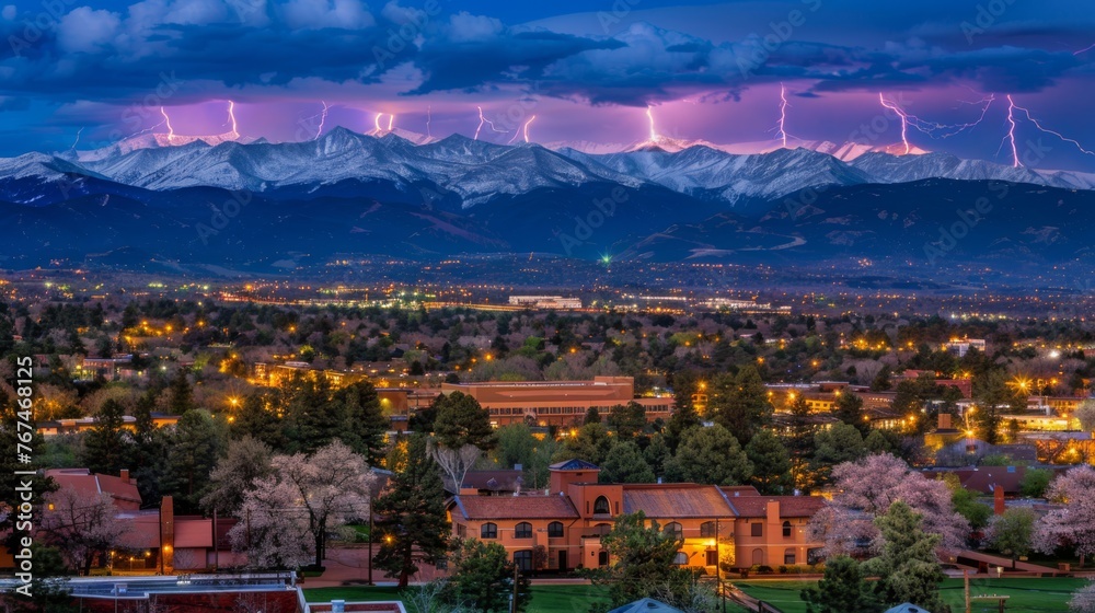  a view of a city with mountains in the background and a lightning bolt in the sky over the city of boulder, colorado.