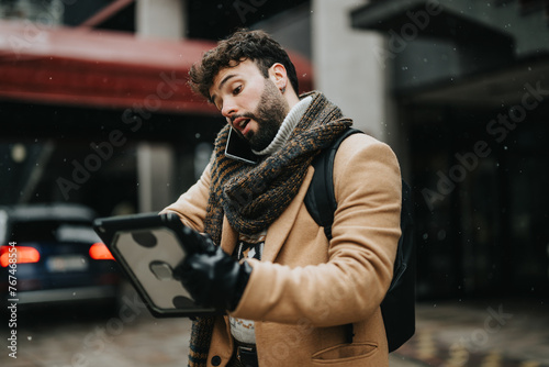 Focused young businessman using a digital tablet outdoors with snowflakes falling. Concept of mobile office and winter work environment.