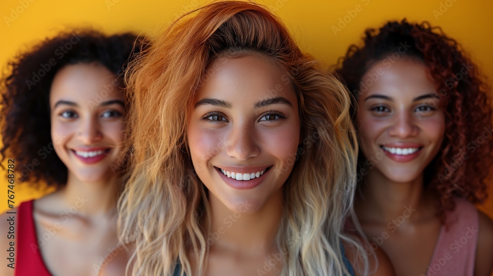 Composite portrait of headshots of different smiling women from all genders and age, including all ethnic, racial, and geographic types of women in the world on a colourful flat background, Composite portrait of headshots of different smiling women from all genders and age, including all ethnic, racial, and geographic types of women in the world on a colourful flat background,