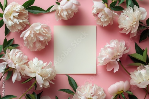 A pink background with white peonies and a blank paper, overhead shot on pink background.