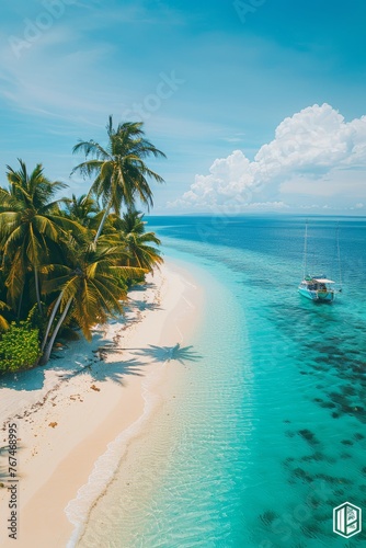 Tranquil maldives island beach aerial view of luxury resort and palm trees on white sand