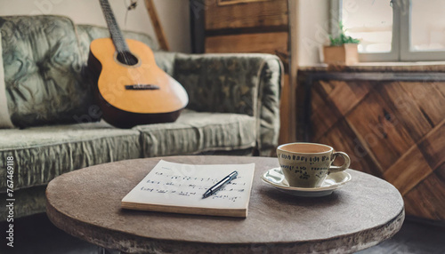 Coffee cup, note book and acoustic guitar on the table