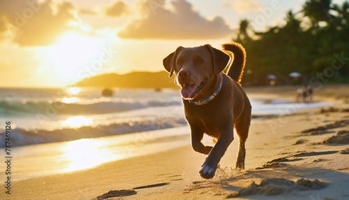 Labrador retriever dog running on the beach at sunset time.