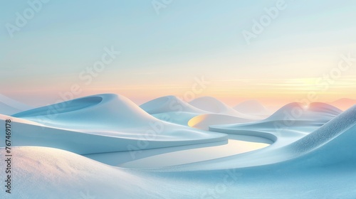 A pristine landscape of snow-covered dunes under a pastel sunrise, offering a sense of calm and stillness. Ideal for peaceful nature backgrounds