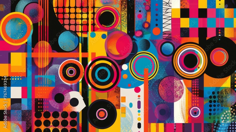 Colorful Geometric Shapes on a Textured Polka Dot Background Colorful Geometric Shapes on a Textured Polka Dot Background