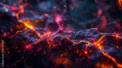 Concept image showing synapses in a neural network with glowing red light fibers  symbolizing the transmission of nerve impulses.