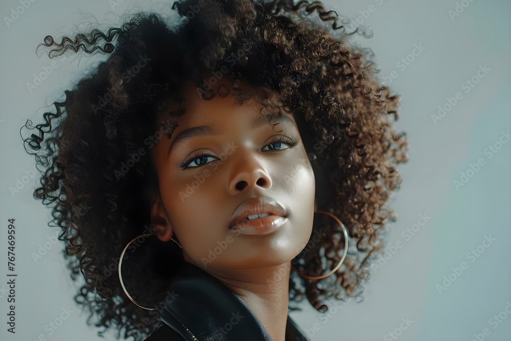 Portrait of a fashionable Black woman with voluminous curly hair highlighting her glowing skin and trendy hairstyle. Concept Fashion Photography, Black Women's Style, Curly Hair Inspiration Portrait of a fashionable Black woman with voluminous curly hair highlighting her glowing skin and trendy hairstyle. Concept Fashion Photography, Black Women's Style, Curly Hair Inspiration