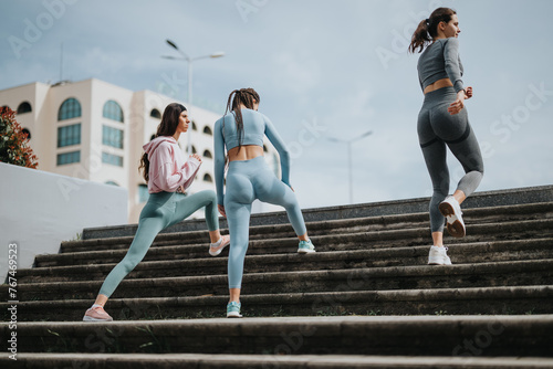 Three women in athletic wear energetically running up outdoor stairs, showcasing a healthy and active lifestyle.