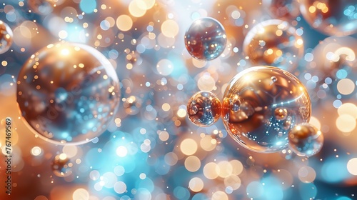 A digital image featuring sparkling transparent bubbles floating against a golden bokeh background, ideal for representing concepts such as magic, happiness and celebration.