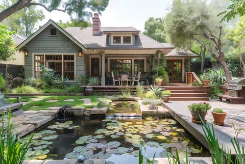 A craftsman house with a light-colored exterior, featuring a charming backyard garden with a small pond and a wooden bridge.