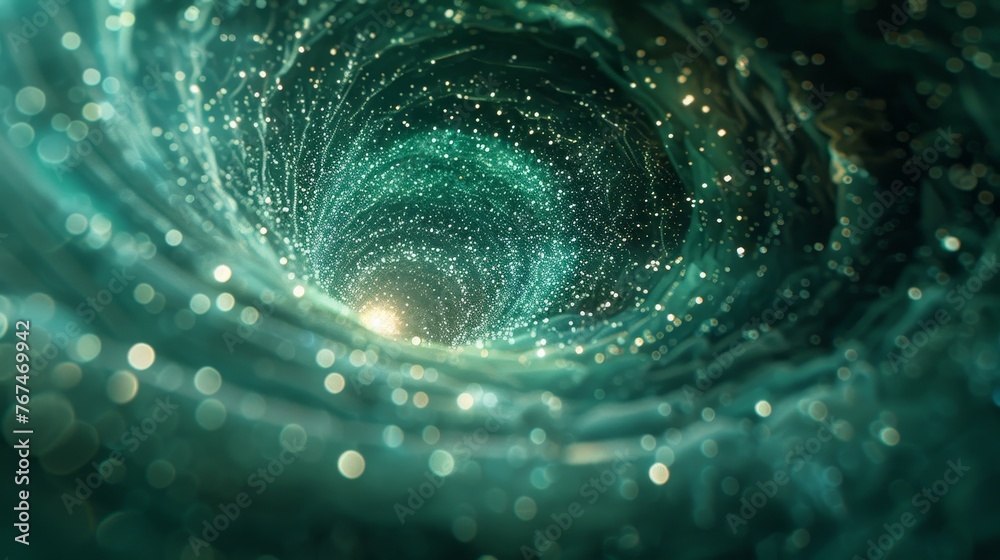 An abstract portrayal of a hypnotic vortex made of light and water, this image captures the mesmerizing movement of sparkling particles in aquatic tones, suggesting a boundless sense of depth. An abstract portrayal of a hypnotic vortex made of light and water, this image captures the mesmerizing movement of sparkling particles in aquatic tones, suggesting a boundless sense of depth.