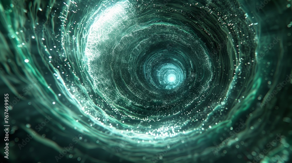 An abstract portrayal of a hypnotic vortex made of light and water, this image captures the mesmerizing movement of sparkling particles in aquatic tones, suggesting a boundless sense of depth. An abstract portrayal of a hypnotic vortex made of light and water, this image captures the mesmerizing movement of sparkling particles in aquatic tones, suggesting a boundless sense of depth.
