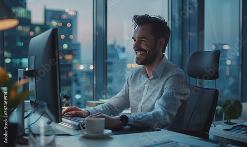 Happy Male Sales Manager Typing On Desktop Computer In Diverse Corporate Office With Megapolis Window View. Proffesional Caucasian Man Smiling After Closing Big Advertising Deal For E-commerce Company