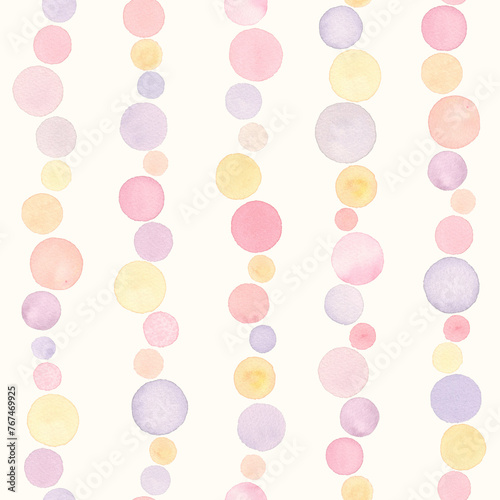 Abstract watercolor background. Hand drawn purple orange pink circles stains elements seamless pattern. Watercolour pastel warm colors texture. Print for textile, fabric, wallpaper, wrapping paper. © Olga
