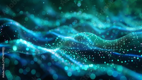a digital landscape with undulating waves of light, simulating a cybernetic space filled with dots of luminance, representing the flow of information and connectivity.