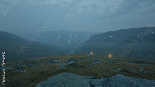  a field with rocks and grass in the foreground and a mountain in the background with lightning in the sky.